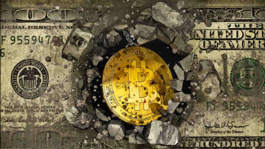 concept of bitcoin destroying the concrete wall with dollar graffiti 3d illustration